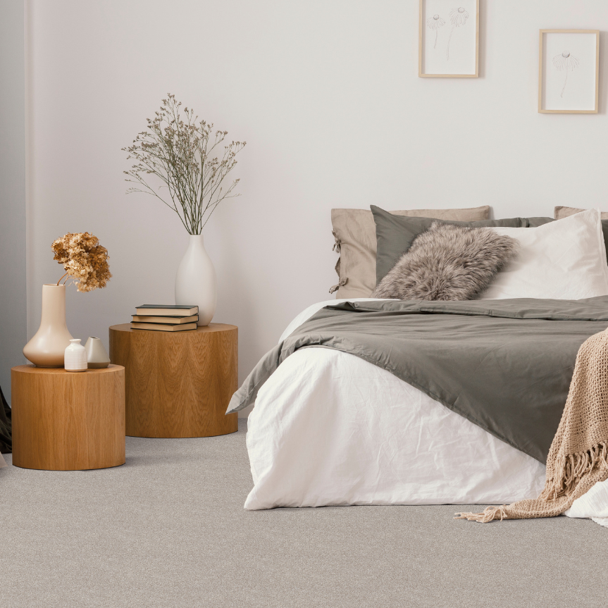 grey bedroom carpet with wooden tables